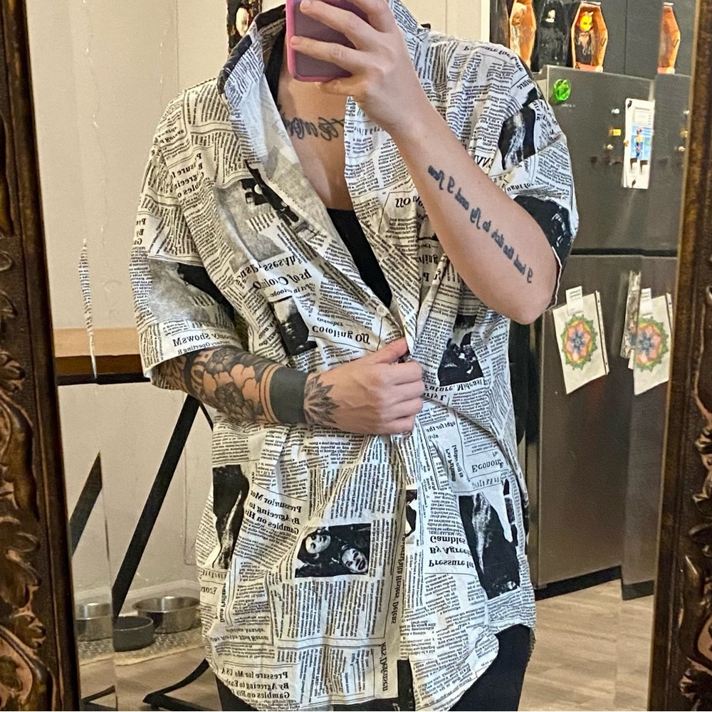Oversized Newspaper Print Button-up Tee